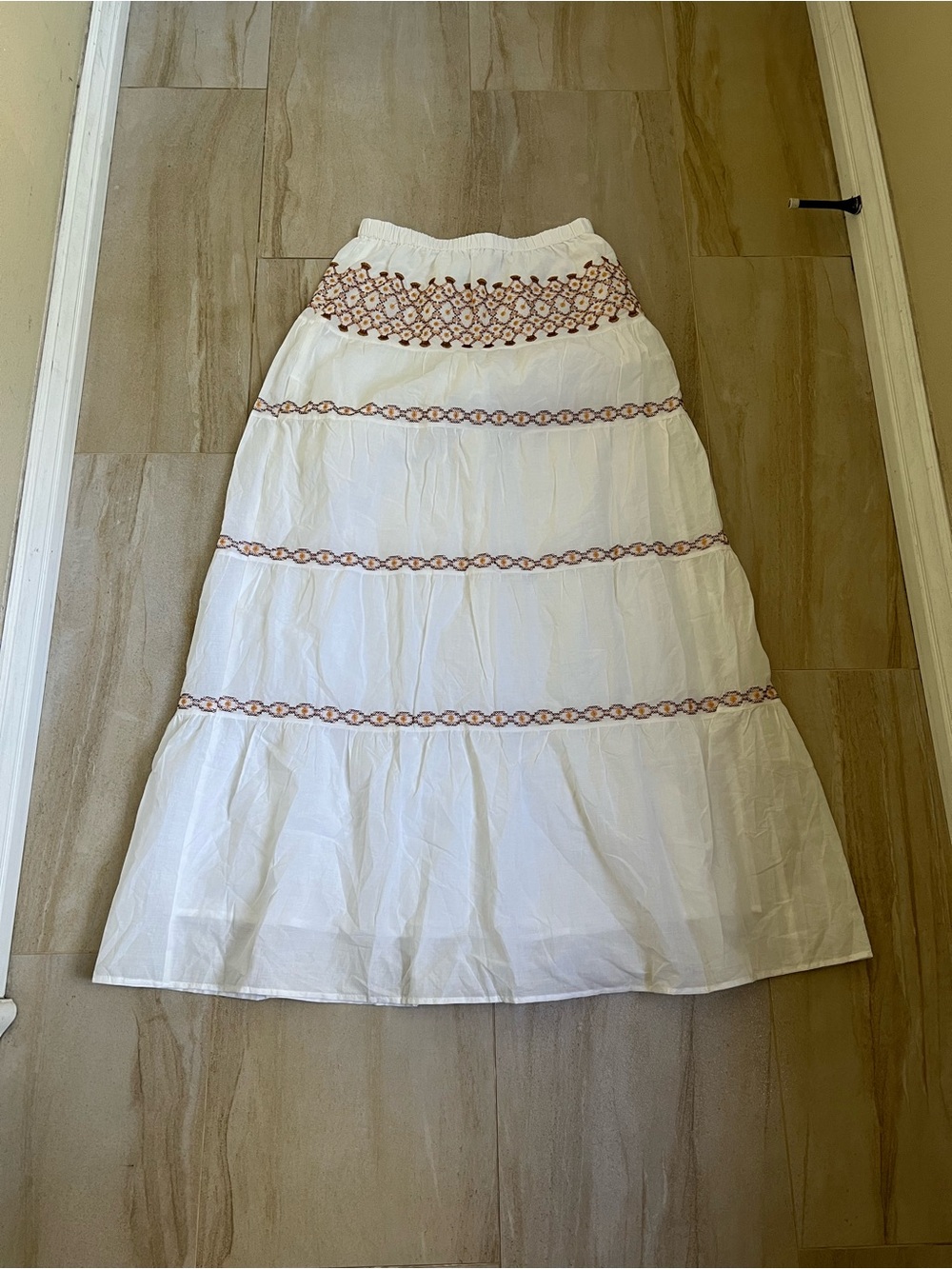 100% Cotton White Tiered Maxi Skirt with Embroidered Detail